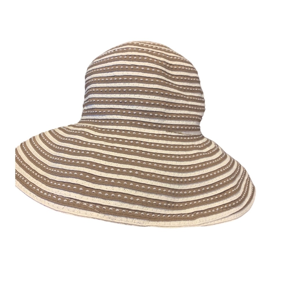 David and Young Tan White Striped Floppy Sun‎ Hat Wide Brim Summer Hat